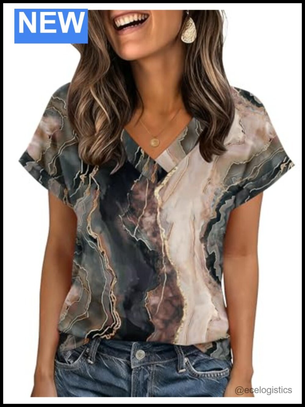 Dressy Casual V-Neck Blouse with Rolled Short Sleeves